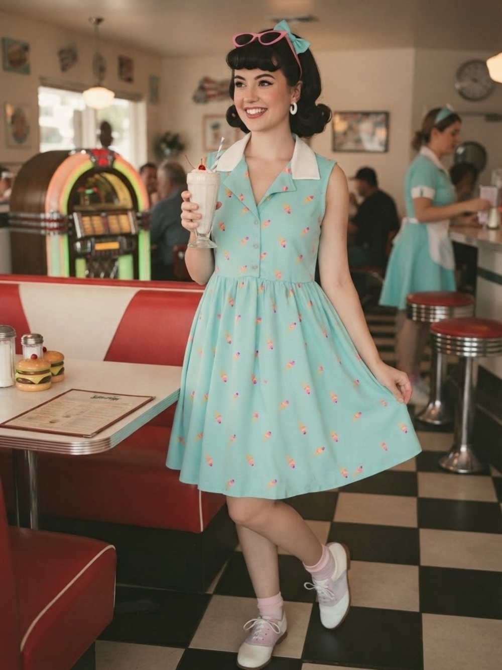 Unique Vintage Mint Green Ice Cream Print Josie Fit & Flare Dress